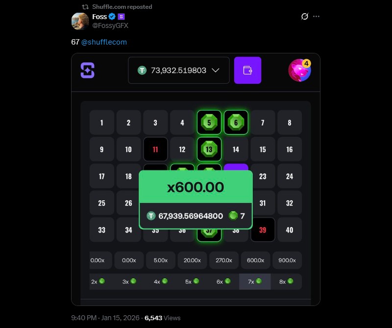 Twitter FossyGFX Wins 67K on Shuffle Keno